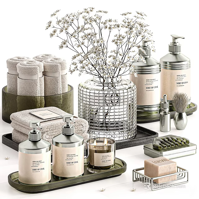 Elegant Bathroom Cabinets With Towels Fragrance Bottles Soap And Decorative Vase 3d model 
