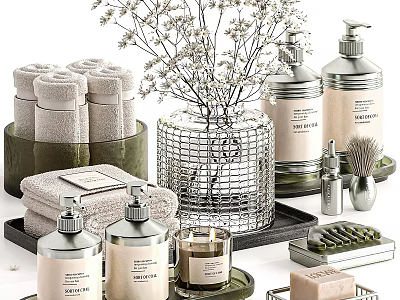 Elegant Bathroom Cabinets With Towels Fragrance Bottles Soap And Decorative Vase 3d model