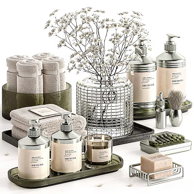 Elegant Bathroom Cabinets With Towels Fragrance Bottles Soap And Decorative Vase 3d model