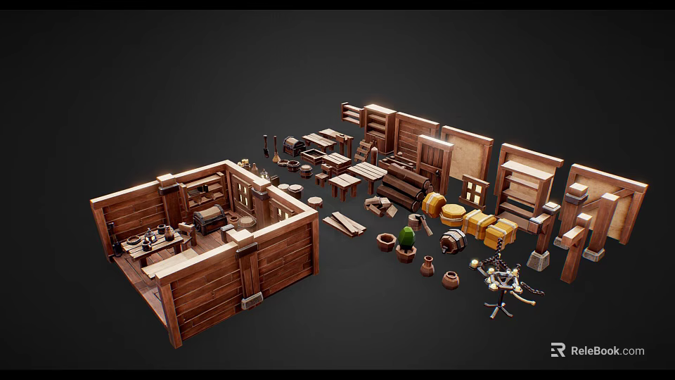 Wooden Scene Components For Interior Design With Furniture Cabinets Tables Chairs And Decor 3d model 