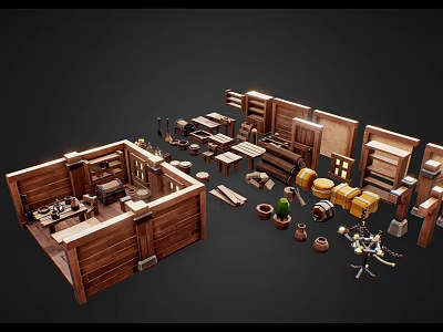 Wooden Scene Components For Interior Design With Furniture Cabinets Tables Chairs And Decor 3d model