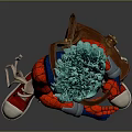 Game and Movie Character With Teal Hair Red Blue Costume Brown Bag and Red Sneakers