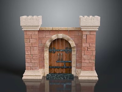 Arched Wooden Castle Door With Red Brick Walls Stone Towers And Black Metal Decorations 3d model
