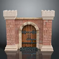 Arched Wooden Castle Door With Red Brick Walls Stone Towers And Black Metal Decorations