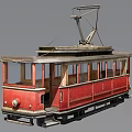 Vintage Red Classic Tram Featuring Wooden Interior And Overhead Pantograph Structure