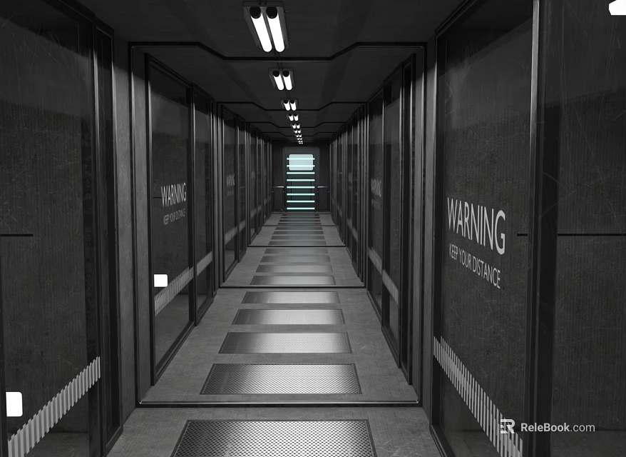 Modern Elevator Corridor With Side Doors Warning Signs Striped Floor And Ceiling Lights 3d model 