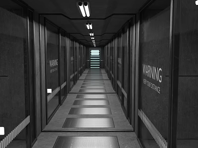 Modern Elevator Corridor With Side Doors Warning Signs Striped Floor And Ceiling Lights 3d model