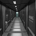 Modern Elevator Corridor With Side Doors Warning Signs Striped Floor And Ceiling Lights 3d model