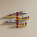Colorful Wall Decor With Mounted Shelves Holding Small Figurines On Yellow Blue Red Layers
