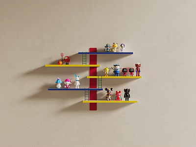 Colorful Wall Decor With Mounted Shelves Holding Small Figurines On Yellow Blue Red Layers 3d model