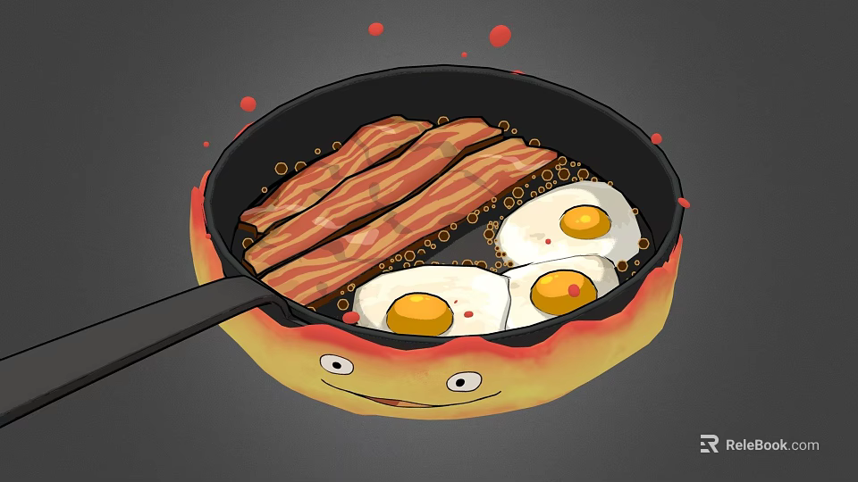 Cartoon Smiley Frying Pan With Bacon And Fried Eggs In Hot Oil 3d model 