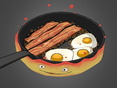 Cartoon Smiley Frying Pan With Bacon And Fried Eggs In Hot Oil 3d model