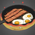 Cartoon Smiley Frying Pan With Bacon And Fried Eggs In Hot Oil