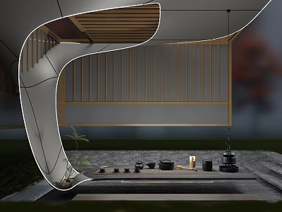 Traditional Modern Teahouse Interior With Wooden Grille And Tea Sets In Courtyard 3d model