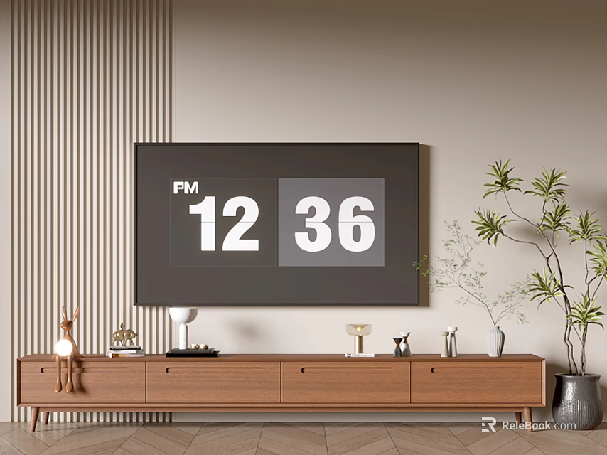 Wooden TV Stand With Flat Screen TV Decorative Items Potted Plant And Vertical Striped Wall 3d model 