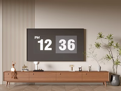 Wooden TV Stand With Flat Screen TV Decorative Items Potted Plant And Vertical Striped Wall 3d model