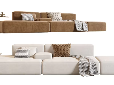 Brown And Beige Modern Sectional Sofa With Decorative Pillows And Throw Blanket 3d model