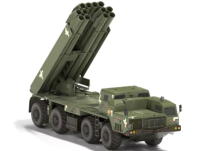 Green Military Multiple Rocket Launcher Weapon System Mounted On Military Truck With Tubes 3d model