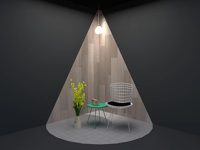 Modern Single Chair With Wire Frame In Cozy Corner With Wooden Wall And Pendant Light 3d model