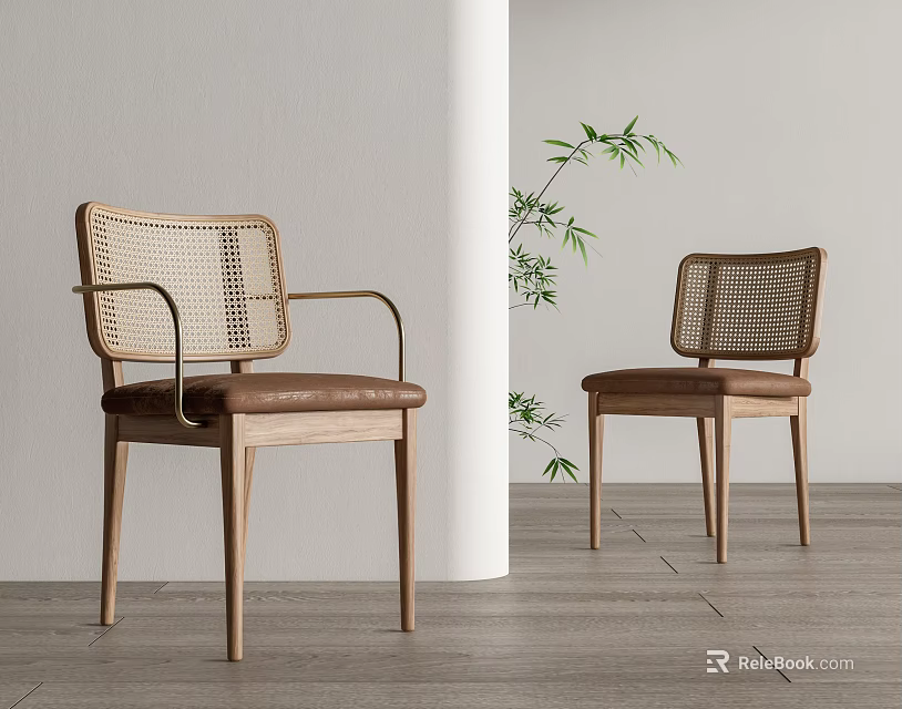 Leisure Chairs With Natural Wooden Frame Woven Backrest And Leather Seat In Minimalist Interior 3d model 