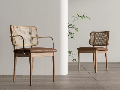 Leisure Chairs With Natural Wooden Frame Woven Backrest And Leather Seat In Minimalist Interior 3d model