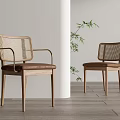 Leisure Chairs With Natural Wooden Frame Woven Backrest And Leather Seat In Minimalist Interior