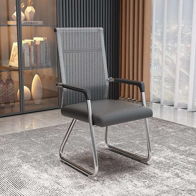 Modern Office Chair With Woven Backrest Metal Armrests And Gray Cushioned Seat 3d model 