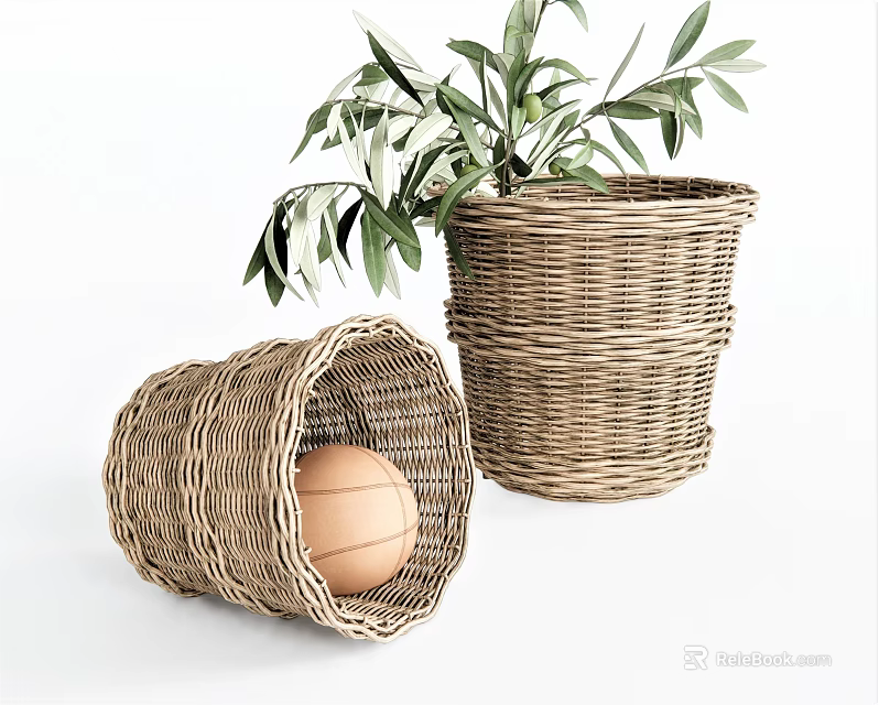 Wicker Storage Baskets Including Tilted One with Egg and Standing One with Plant 3d model 