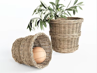 Wicker Storage Baskets Including Tilted One with Egg and Standing One with Plant 3d model