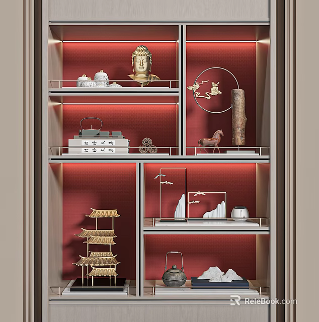 Multi Tiered Shelf Display Of Decorative Ornaments With Red Background Buddha Statue Tea Set Pagoda 3d model 