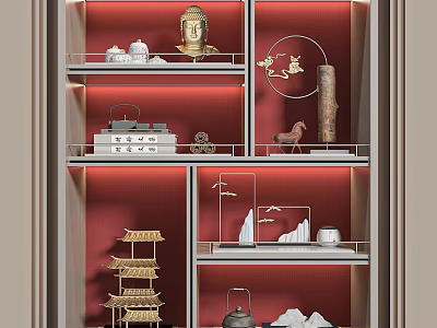 Multi Tiered Shelf Display Of Decorative Ornaments With Red Background Buddha Statue Tea Set Pagoda 3d model