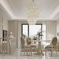 Open Concept Modern Luxury Living Dining Room with Chandeliers White Sofa Dining Table Beige Decor