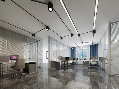 Modern Public Office Area Interior Design With Linear Lights Office Desks Chairs And Polished Floor 3d model