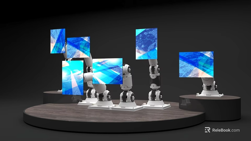 Art Installation With Robot Arms Holding Colorful Screens Displaying Blue Geometric Patterns On Circular Platform 3d model 