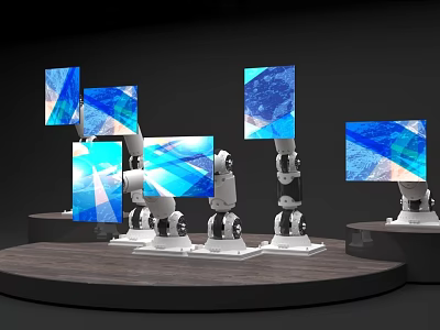 Art Installation With Robot Arms Holding Colorful Screens Displaying Blue Geometric Patterns On Circular Platform 3d model