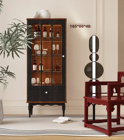 Dark Wood Wine Cabinet With Glass Door And Wine Bottles Glasses Green Plant Red Chair 3d model