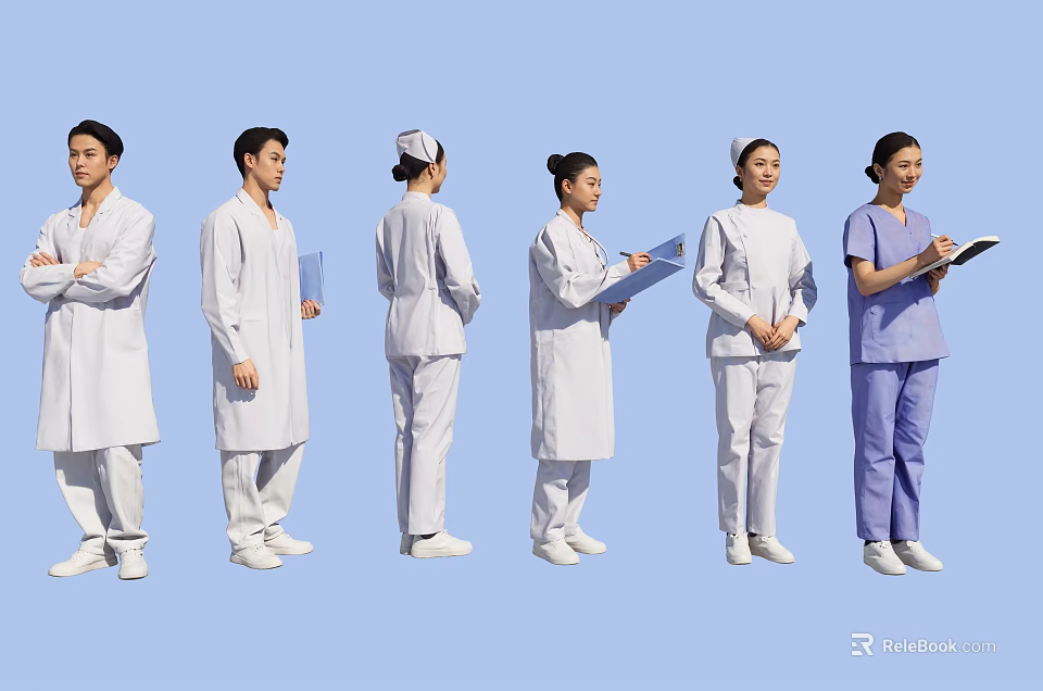 Group of Medical Staff in White Coats and Nurse Uniforms Standing Against Blue Background 3d model 