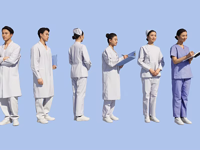 Group of Medical Staff in White Coats and Nurse Uniforms Standing Against Blue Background 3d model