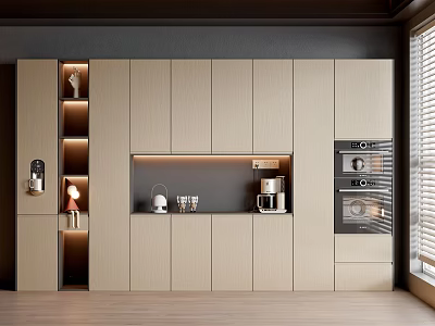 Modern Wine Cabinet With LED Lighting Open Shelves And Dark Countertop In Kitchen Interior 3d model