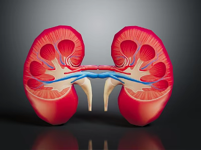 Detailed 3D Anatomical Model of Human Kidneys with Internal Structures and Blue Blood Vessels 3d model