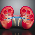 Detailed 3D Anatomical Model of Human Kidneys with Internal Structures and Blue Blood Vessels