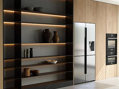 Modern Kitchen With Wooden Cabinets Black Open Shelves Silver Refrigerator And Black Ovens 3d model