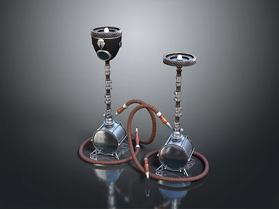 Two Stylish Metal Hookahs With Connected Hoses For Daily Household Use 3d model