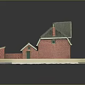 Red Brick Building Model With Green Roof Chimney Windows And Doors