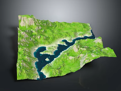 Detailed 3D Terrain Model With Green Mountain Ranges And Blue Water Bodies 3d model