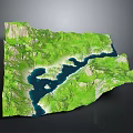 Detailed 3D Terrain Model With Green Mountain Ranges And Blue Water Bodies