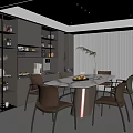 Modern Restaurant Interior With Marble Top Dining Table Brown Chairs And Glass Display Cabinet
