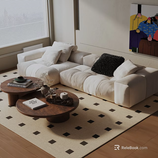 White Modern Three Seater Sofa With Pillows Wooden Coffee Tables And Checkered Rug 3d model 