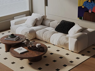 White Modern Three Seater Sofa With Pillows Wooden Coffee Tables And Checkered Rug 3d model