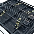 Modern Commercial Ceiling Design Featuring POWER And COFFEE Labels On Black Structured Panels 3d model